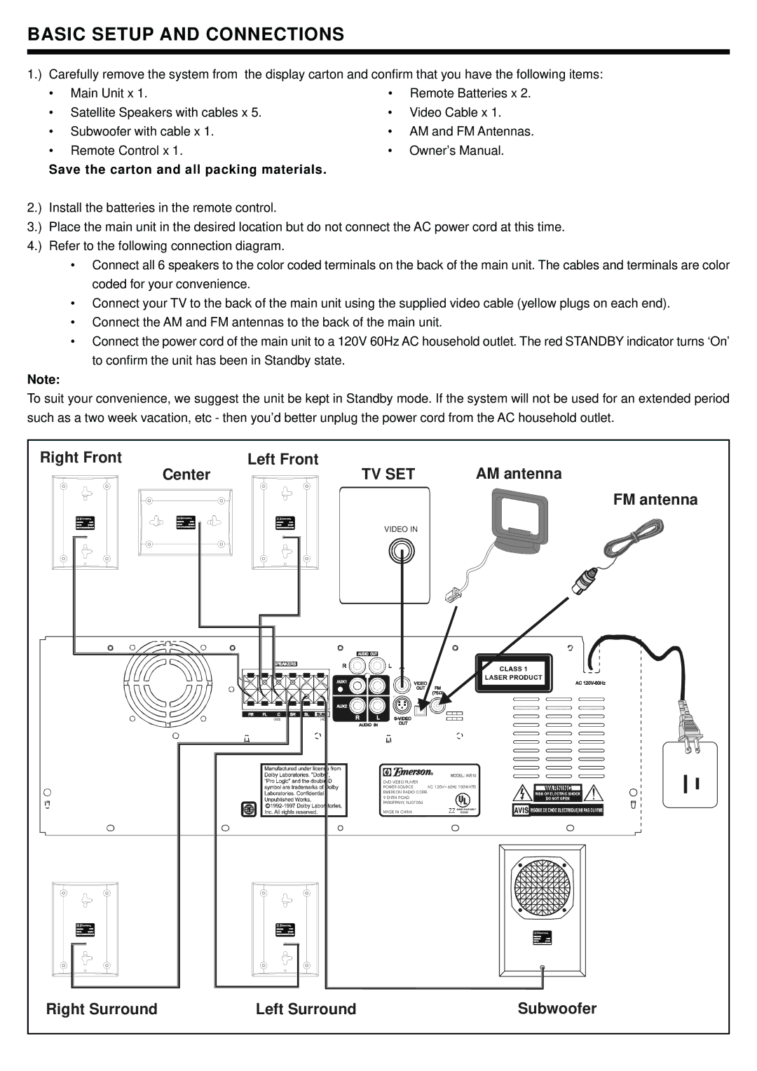 Emerson AV510 setup guide Basic Setup and Connections, Save the carton and all packing materials 