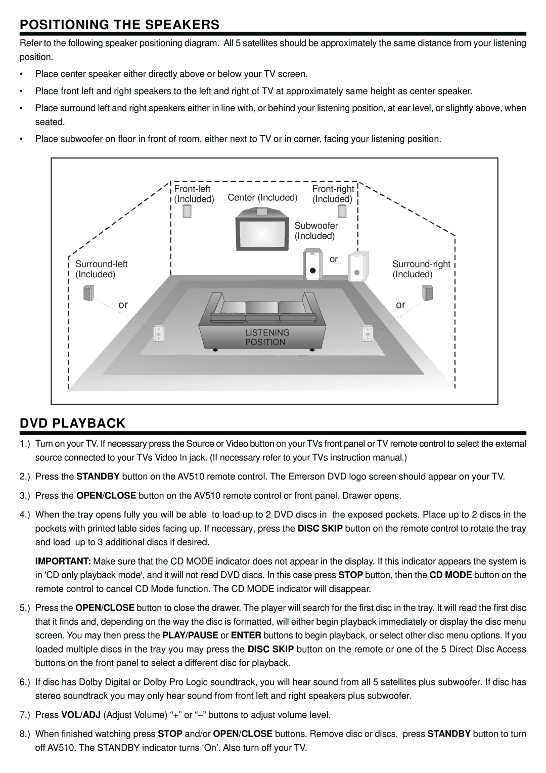 Emerson AV510 setup guide Positioning the Speakers, DVD Playback 