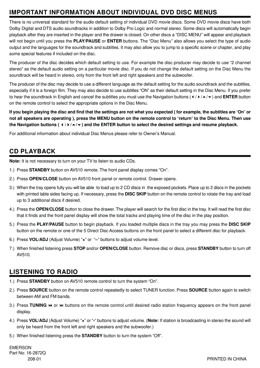 Emerson AV510 setup guide Important Information about Individual DVD Disc Menus, CD Playback, Listening to Radio 