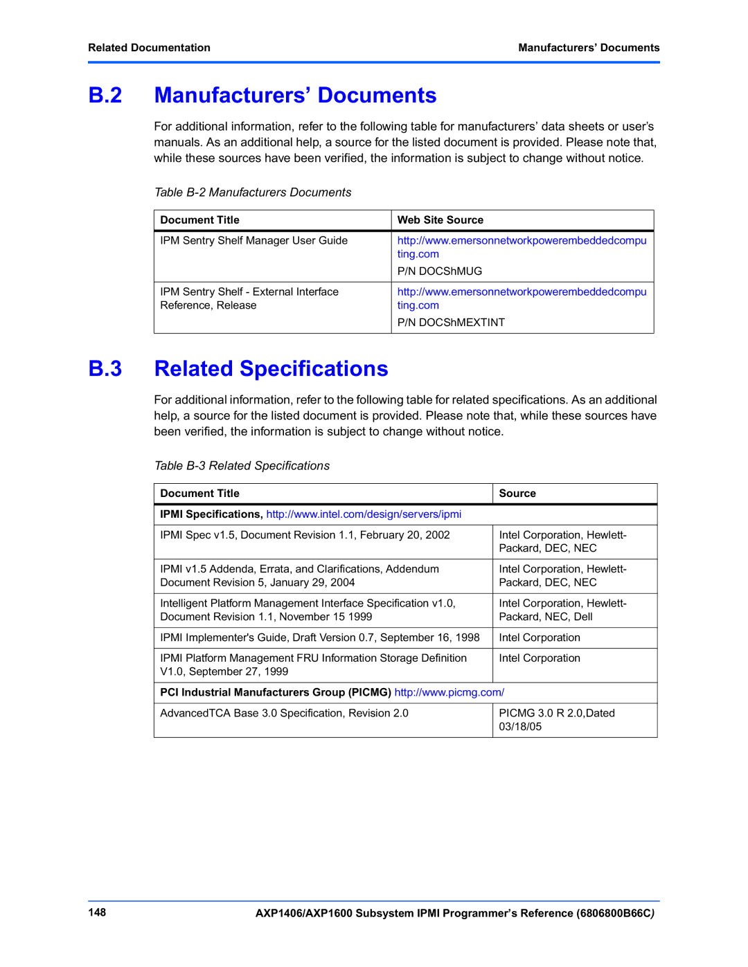 Emerson AXP1406, AXP1600 manual Manufacturers’ Documents, Related Specifications, Table B-2 Manufacturers Documents 