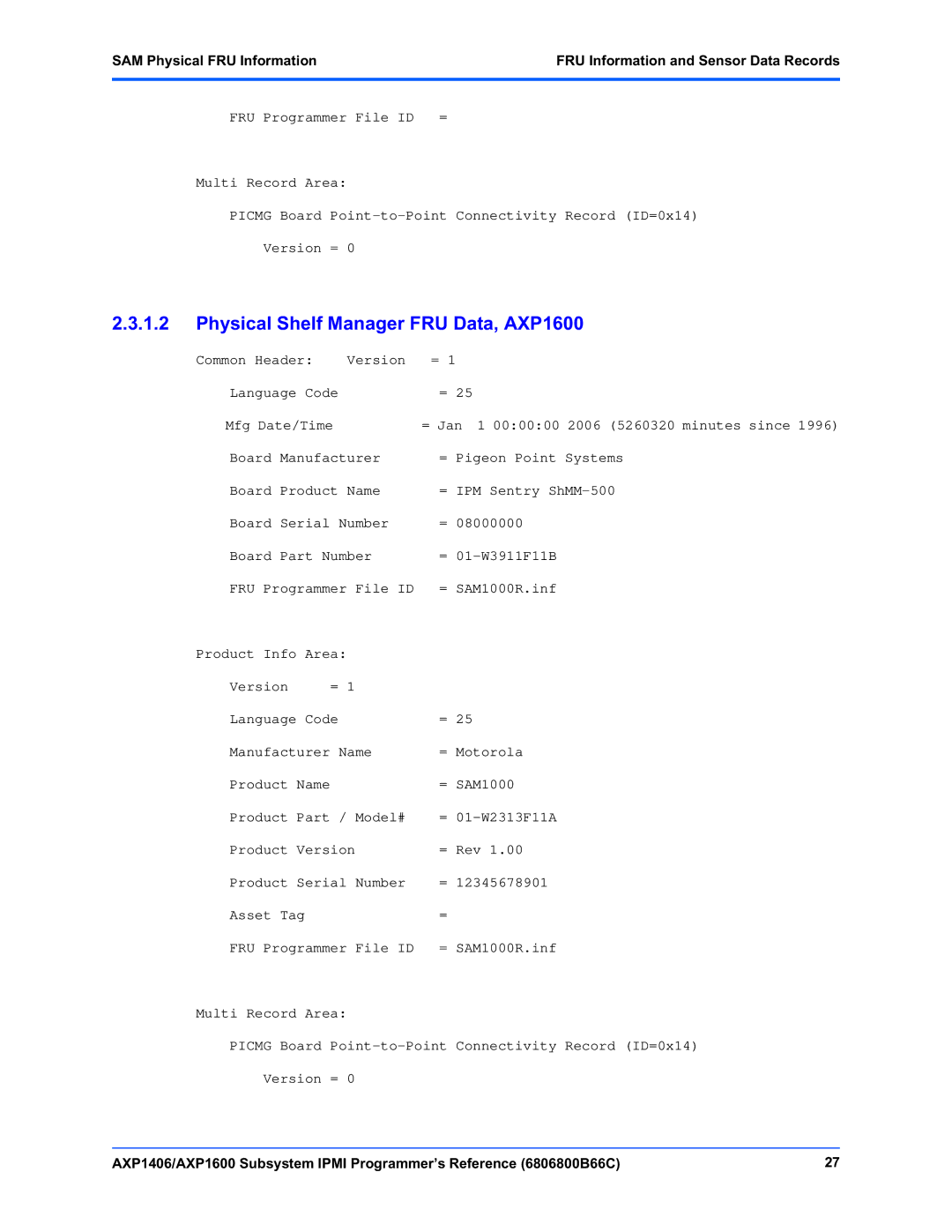 Emerson AXP1406 manual Physical Shelf Manager FRU Data, AXP1600 