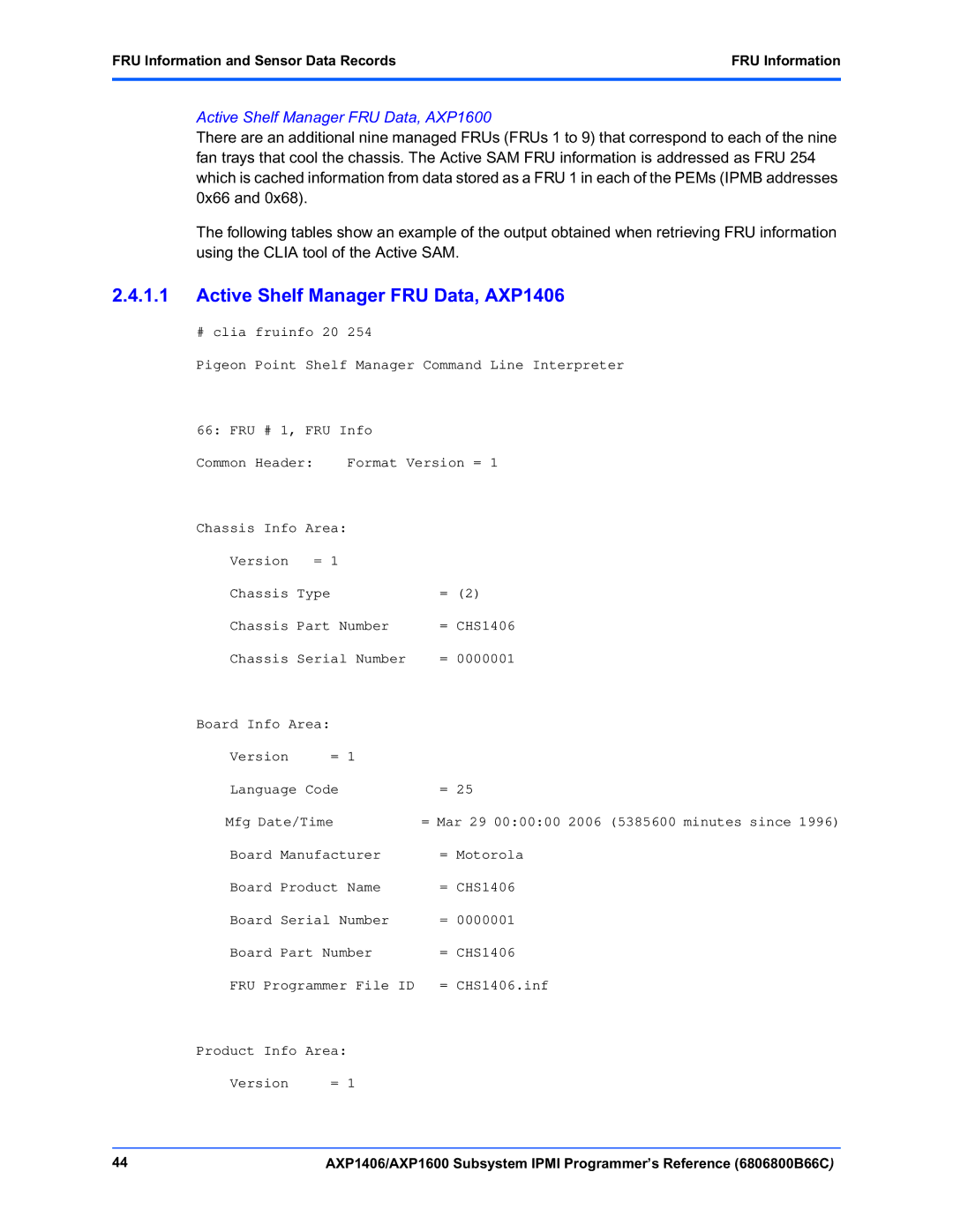 Emerson manual Active Shelf Manager FRU Data, AXP1406, Active Shelf Manager FRU Data, AXP1600 