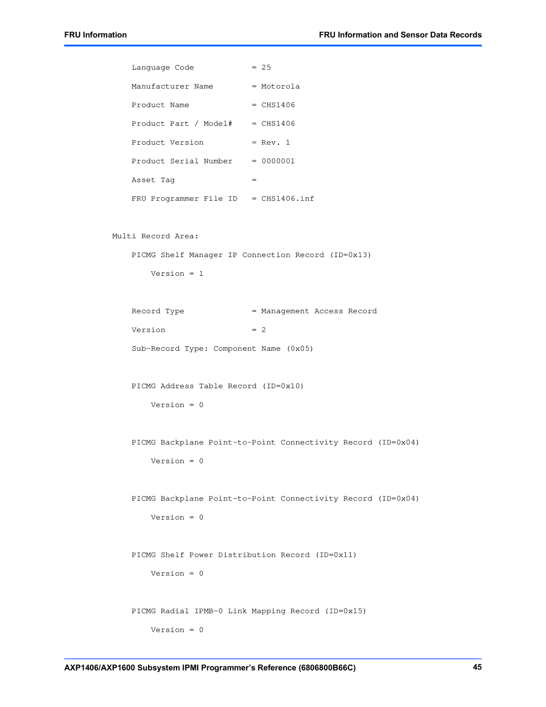 Emerson AXP1600, AXP1406 manual FRU Information FRU Information and Sensor Data Records 