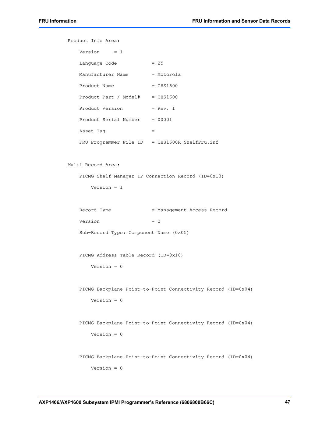 Emerson AXP1600, AXP1406 manual FRU Information FRU Information and Sensor Data Records 