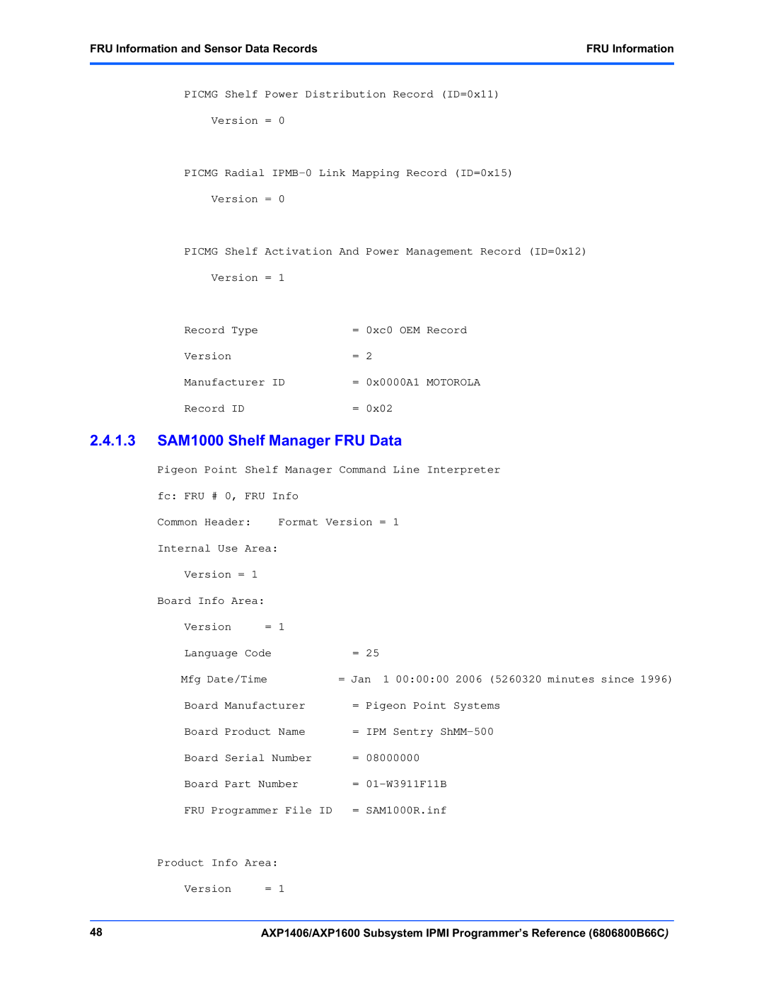 Emerson AXP1406, AXP1600 manual 1.3 SAM1000 Shelf Manager FRU Data 