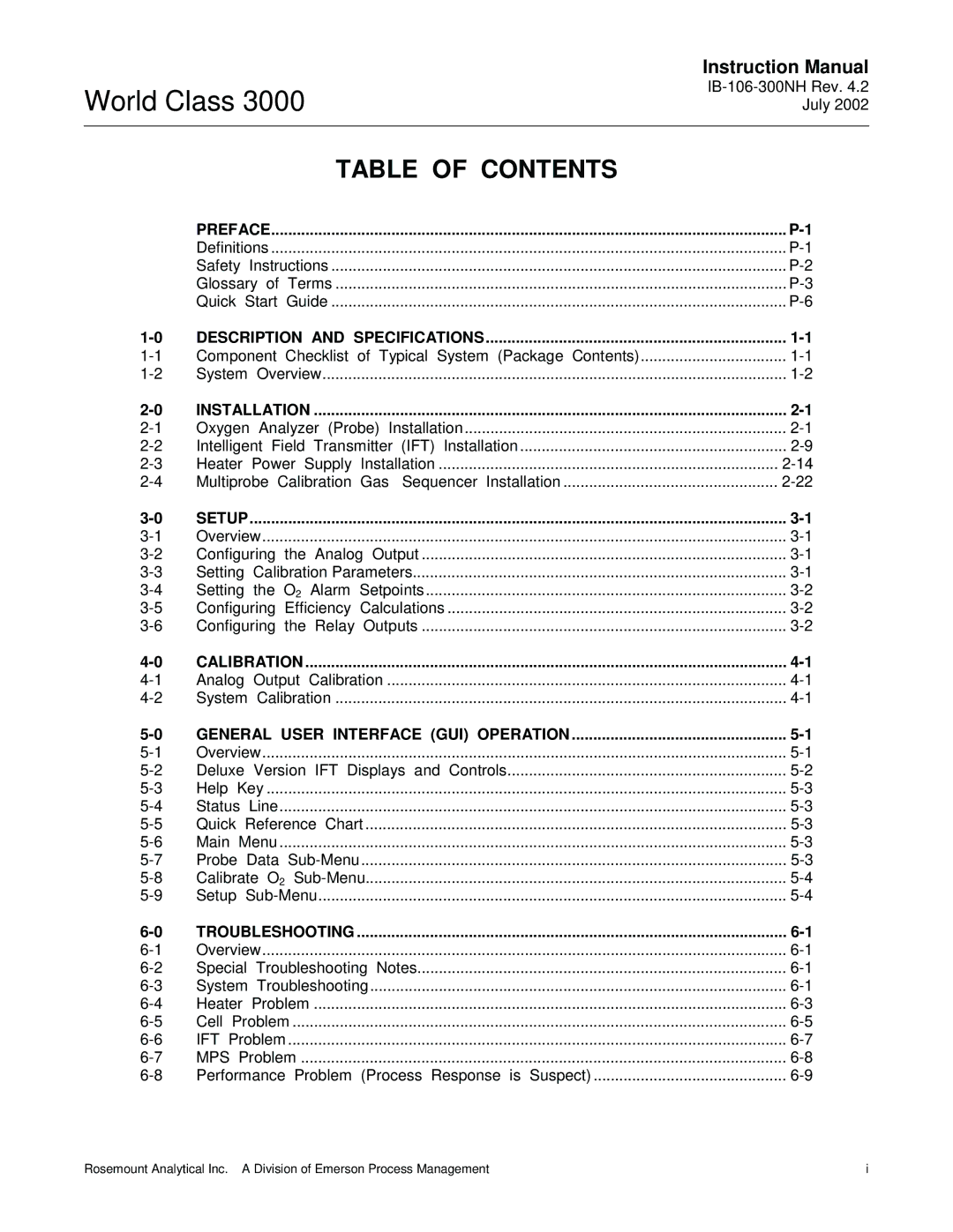 Emerson B-106-300NH instruction manual World Class, Table of Contents 