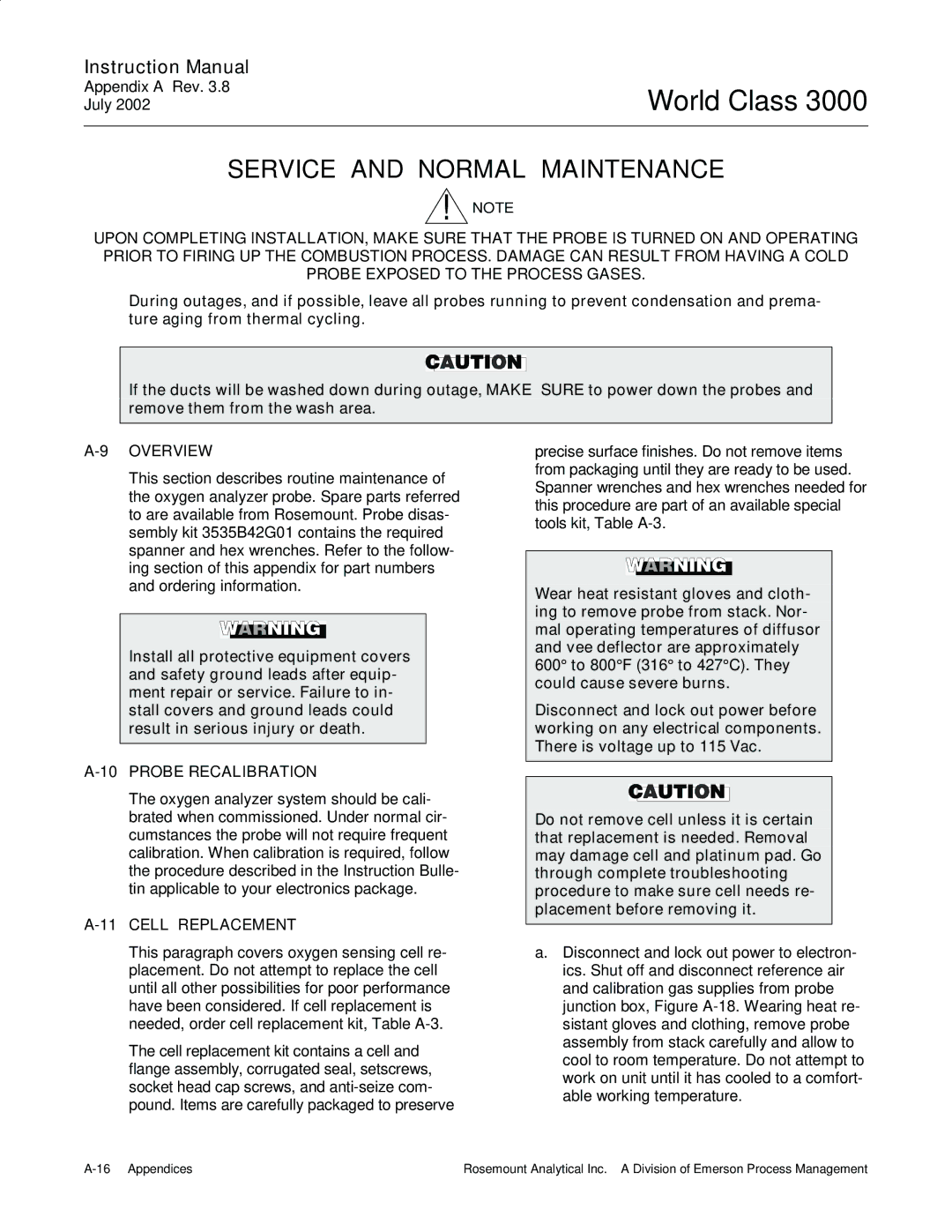 Emerson B-106-300NH instruction manual Service and Normal Maintenance, Probe Recalibration, Cell Replacement 