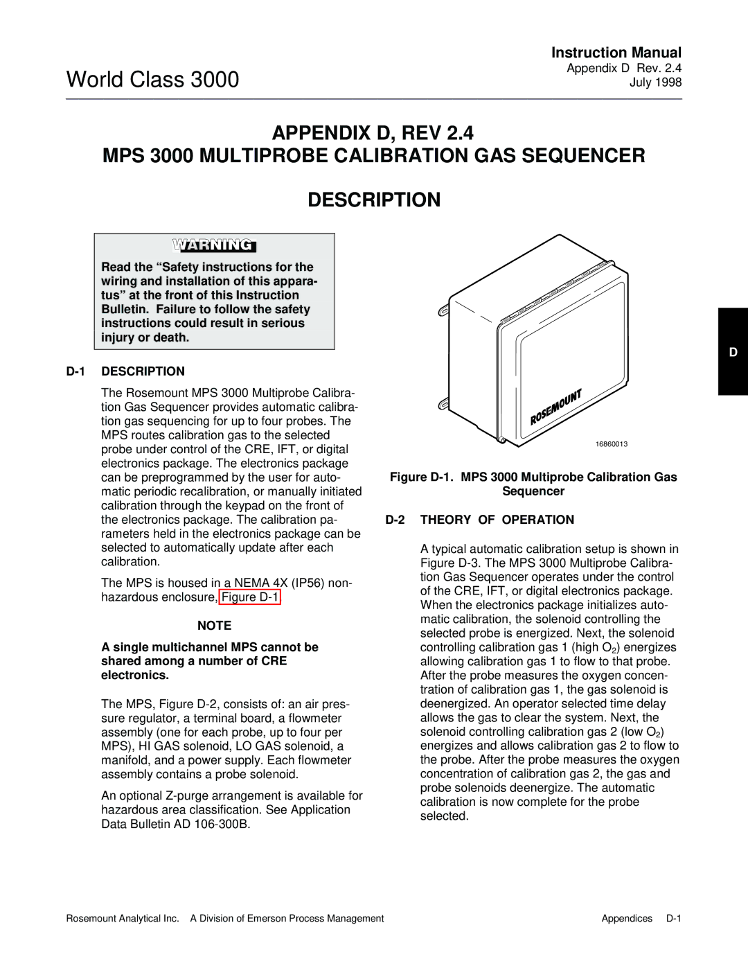 Emerson B-106-300NH instruction manual Figure D-1. MPS 3000 Multiprobe Calibration Gas Sequencer 