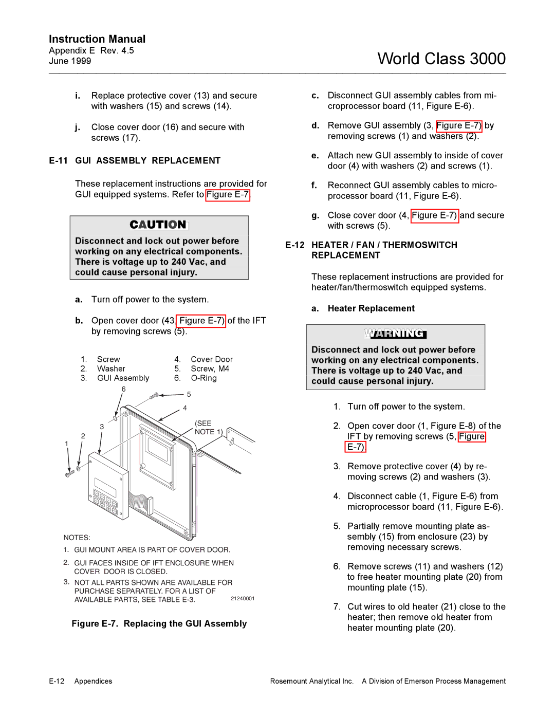 Emerson B-106-300NH instruction manual GUI Assembly Replacement, Heater / FAN / Thermoswitch Replacement 