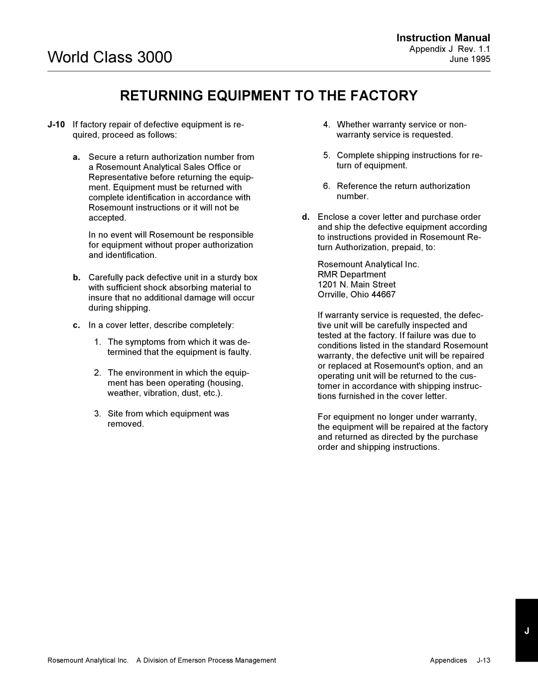 Emerson B-106-300NH instruction manual Returning Equipment to the Factory 