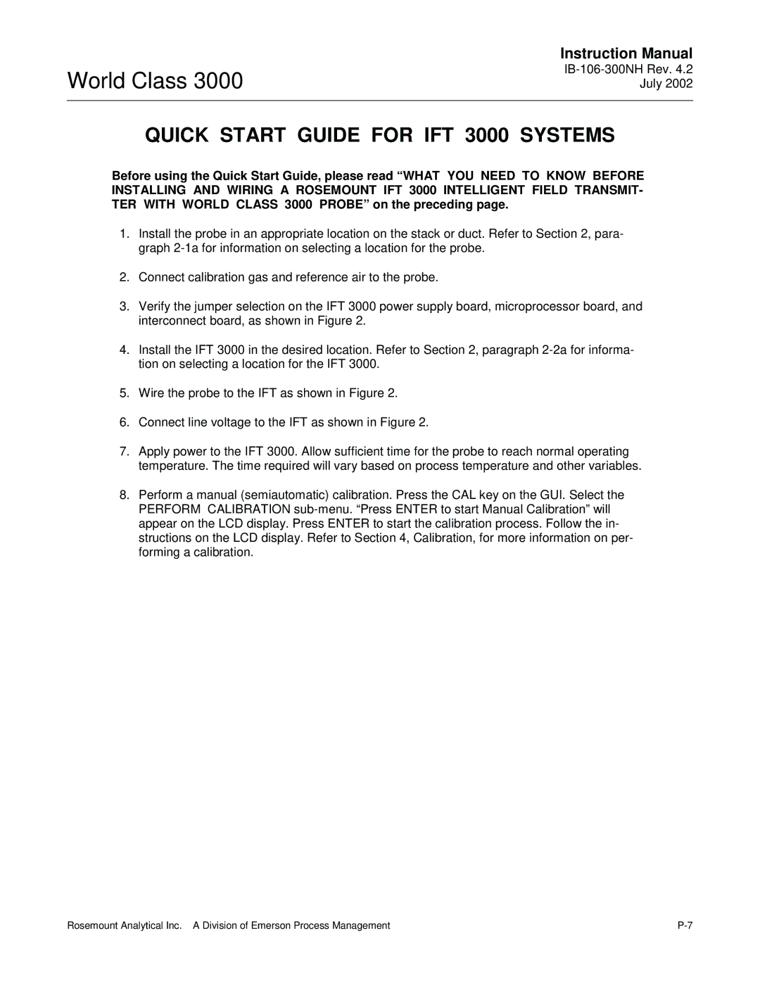 Emerson B-106-300NH instruction manual Quick Start Guide for IFT 3000 Systems 