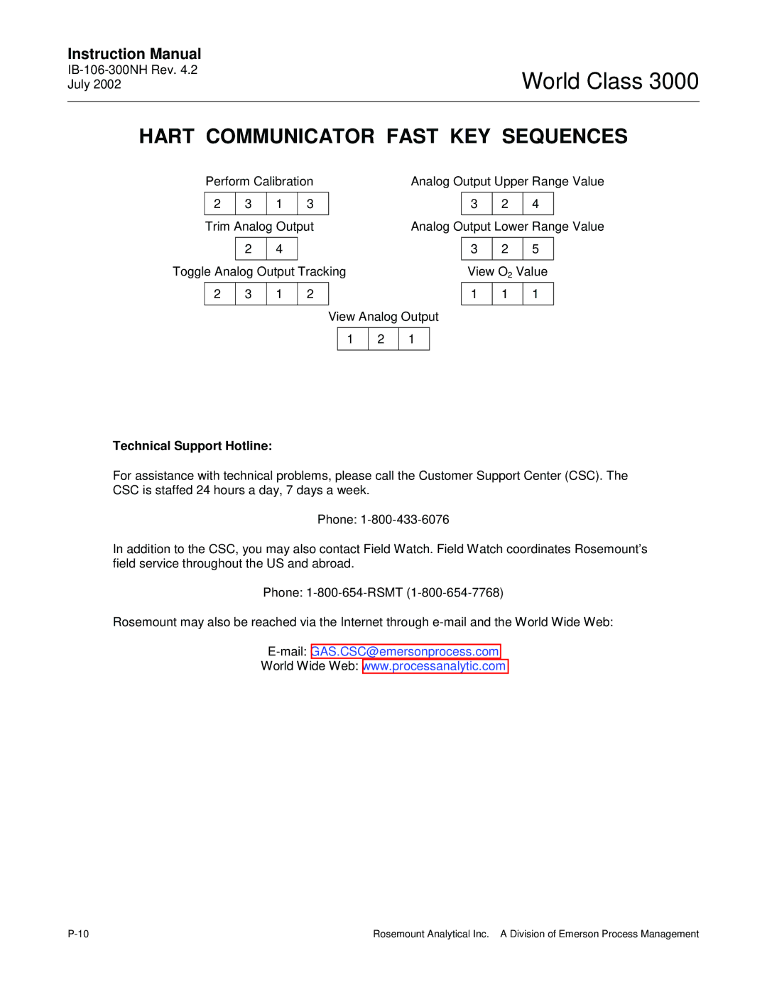 Emerson B-106-300NH instruction manual Hart Communicator Fast KEY Sequences, Technical Support Hotline 