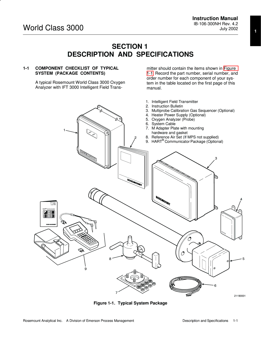 Emerson B-106-300NH Section Description and Specifications, Component Checklist of Typical System Package Contents 