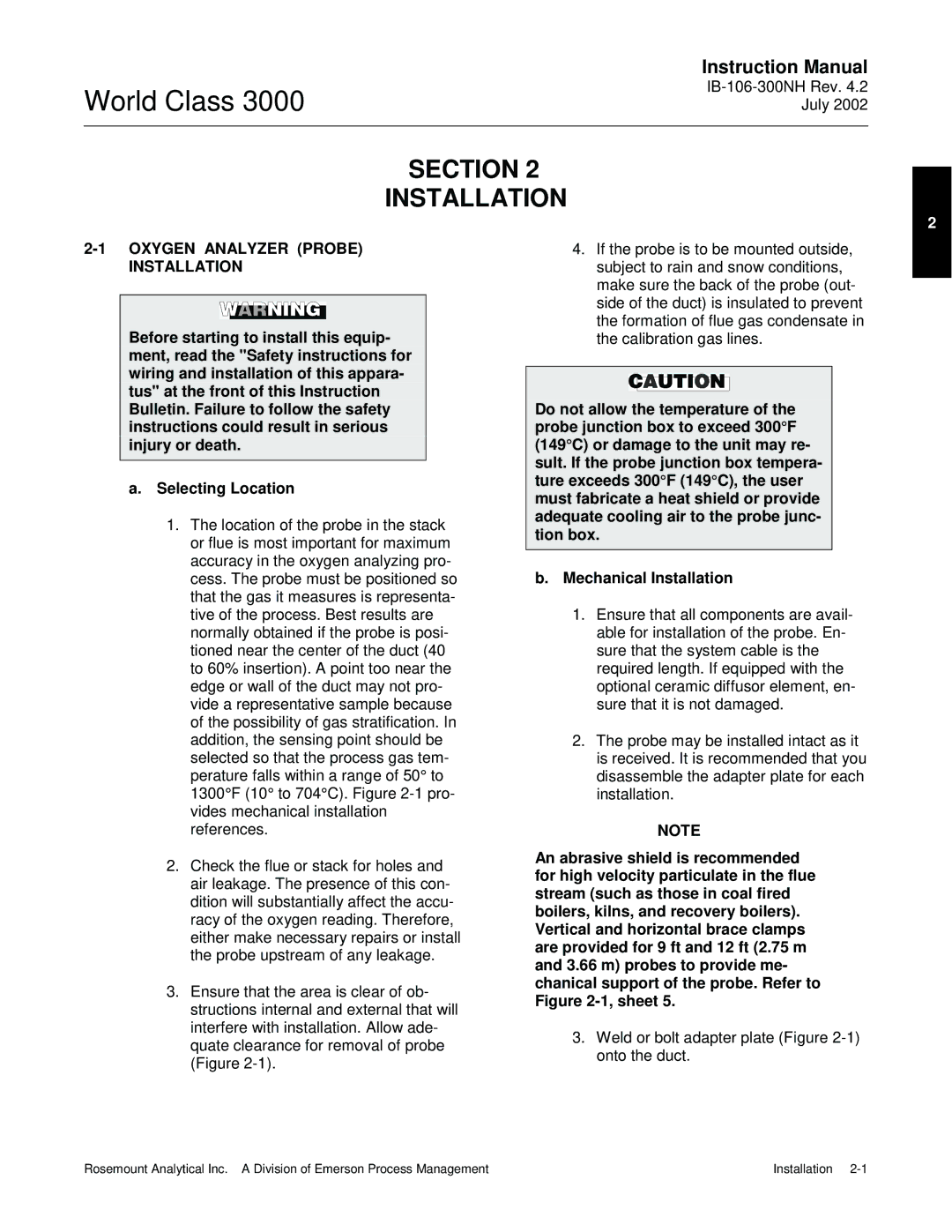 Emerson B-106-300NH instruction manual Section Installation, Oxygen Analyzer Probe Installation 