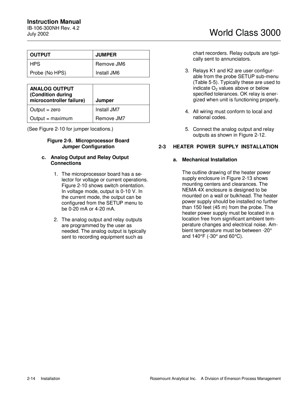 Emerson B-106-300NH instruction manual Output Jumper, Analog Output, Condition during Microcontroller failure Jumper 