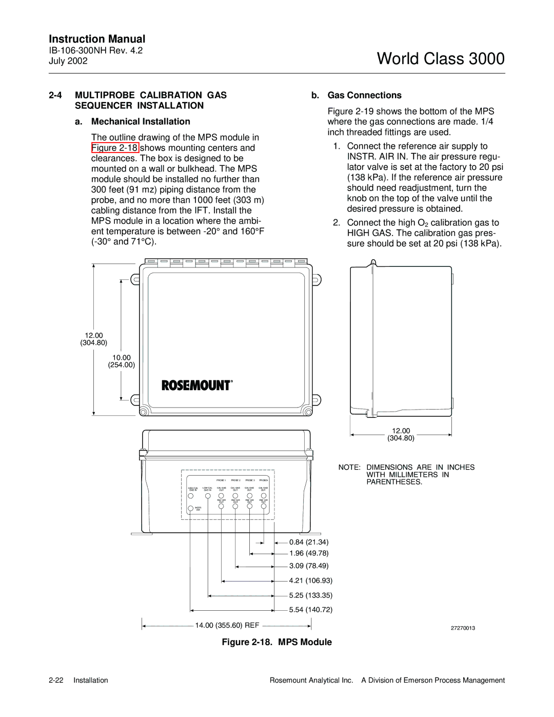 Emerson B-106-300NH instruction manual Multiprobe Calibration GAS Sequencer Installation, Gas Connections 