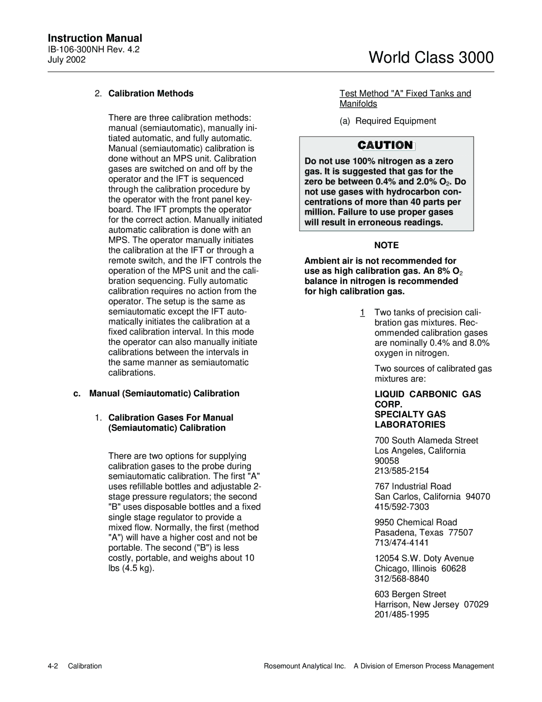 Emerson B-106-300NH instruction manual Calibration Methods, Liquid Carbonic GAS Corp Specialty GAS Laboratories 