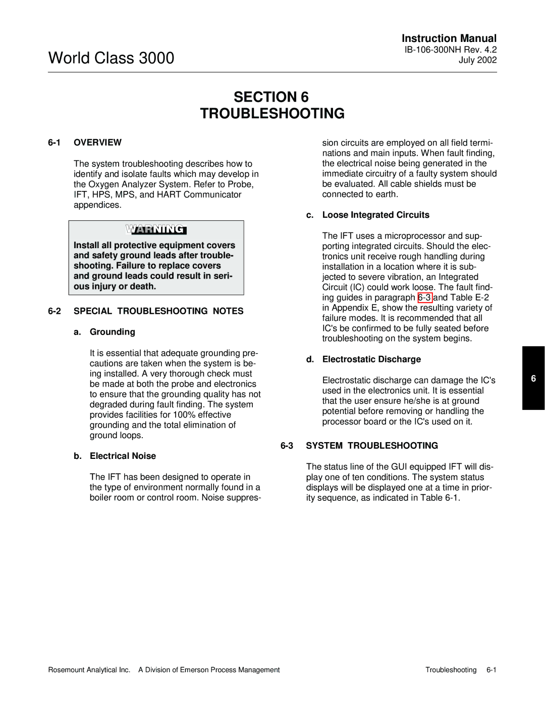 Emerson B-106-300NH instruction manual Section Troubleshooting, Special Troubleshooting Notes, System Troubleshooting 