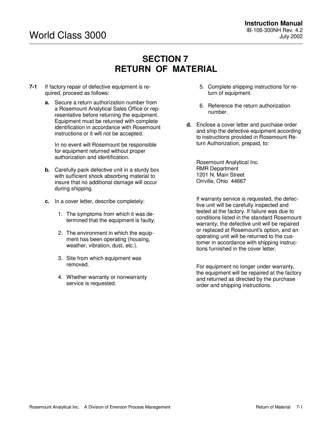 Emerson B-106-300NH instruction manual Section Return of Material 