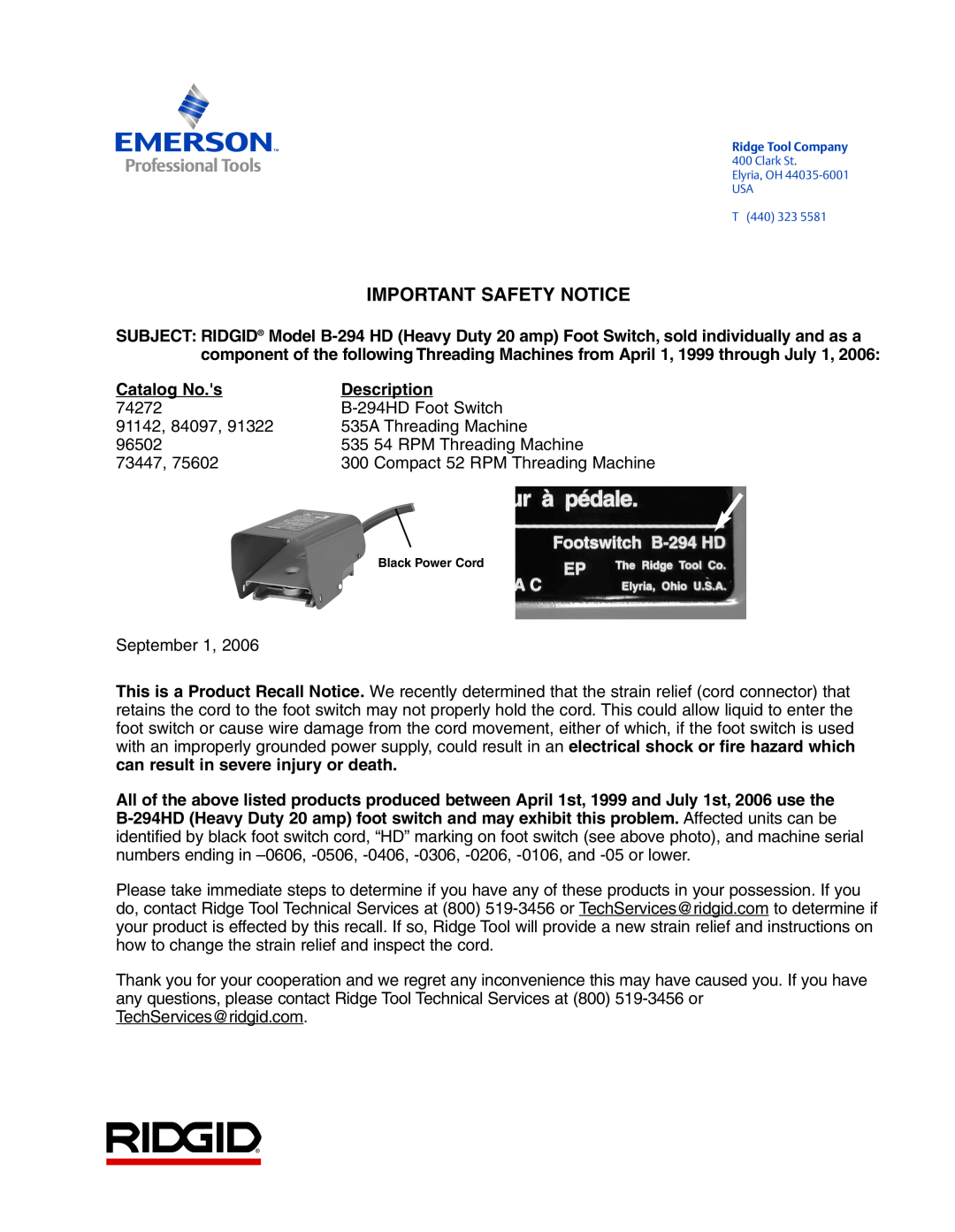 Emerson B-294 HD manual Important Safety Notice, Catalog No.s, Description 