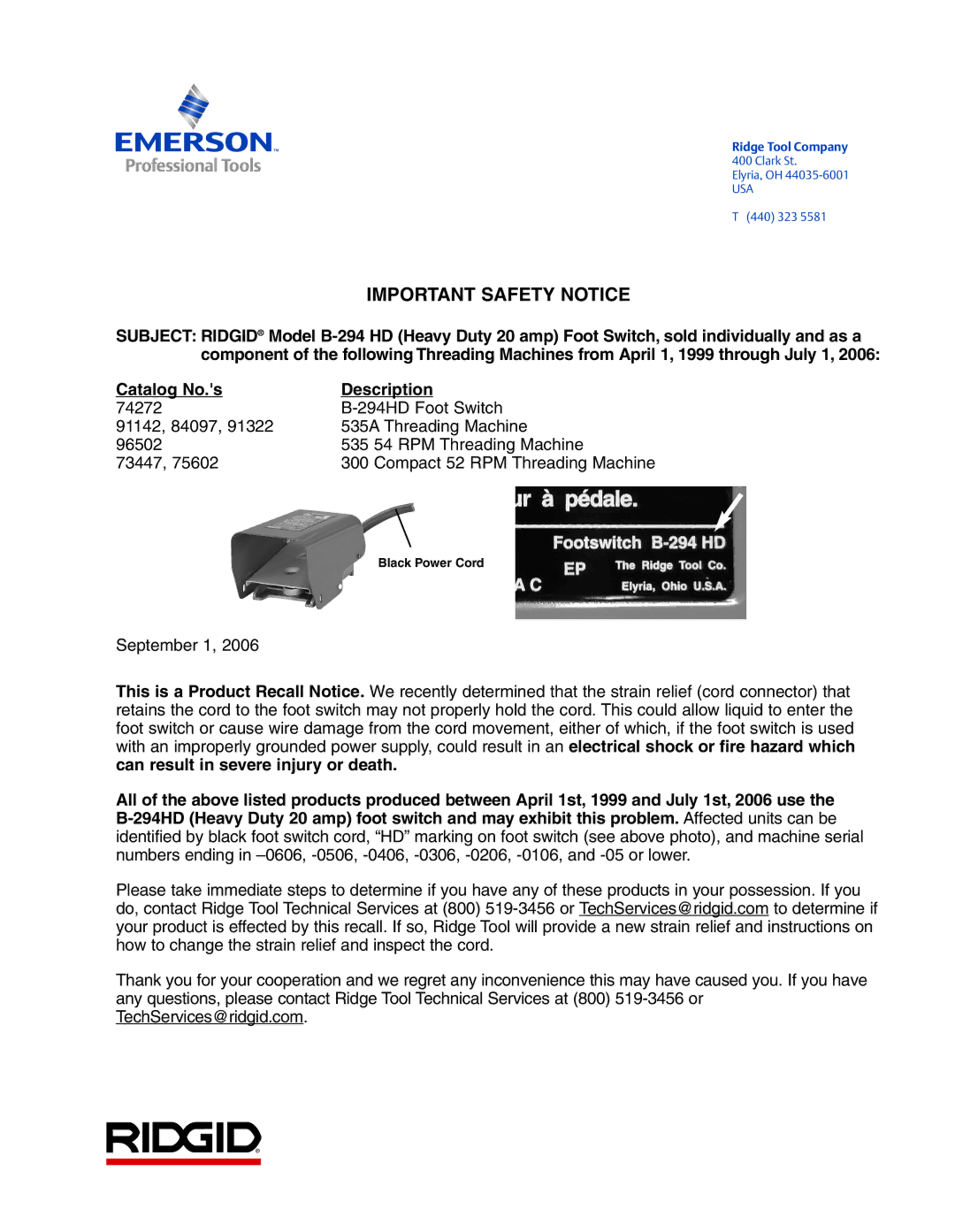 Emerson B-294 HD manual Important Safety Notice, Catalog No.s Description 