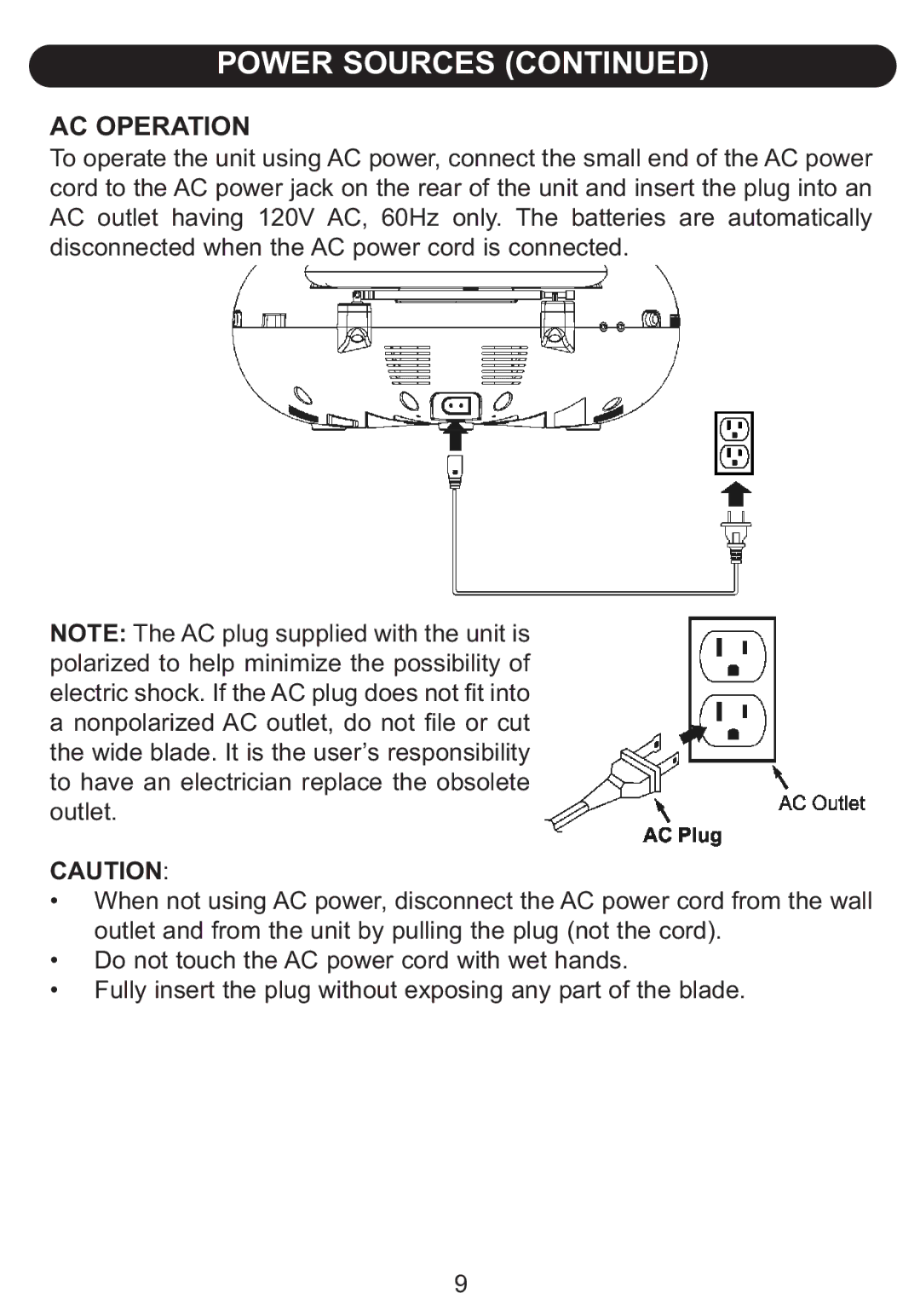 Emerson BAR201 owner manual AC Operation 