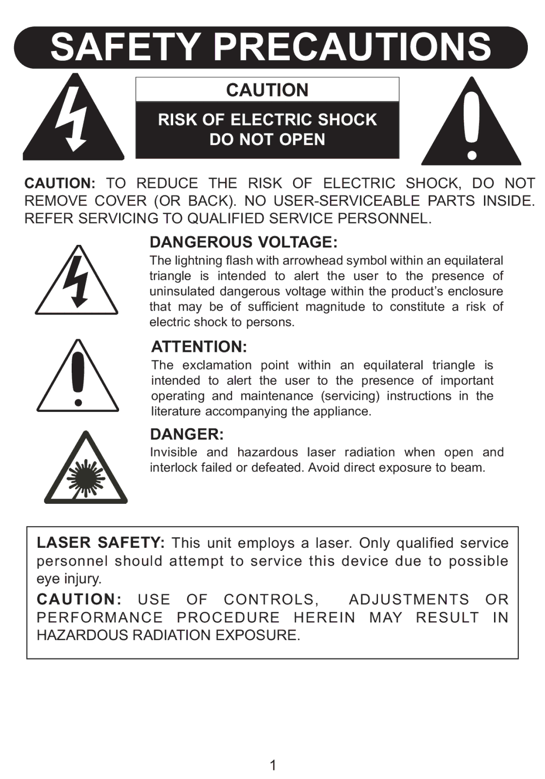 Emerson BAR201 owner manual Safety Precautions 