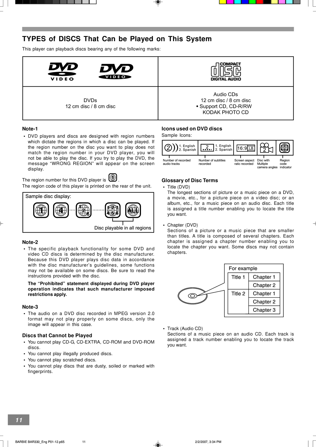 Emerson BAR330 Types of Discs That Can be Played on This System, Discs that Cannot be Played, Icons used on DVD discs 