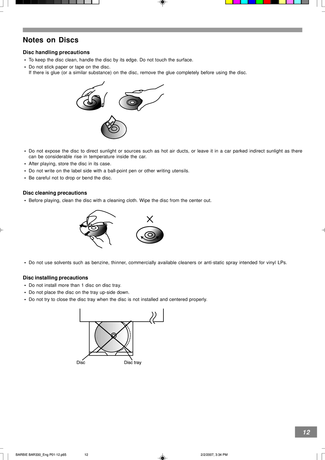 Emerson BAR330 owner manual Disc handling precautions, Disc cleaning precautions, Disc installing precautions 