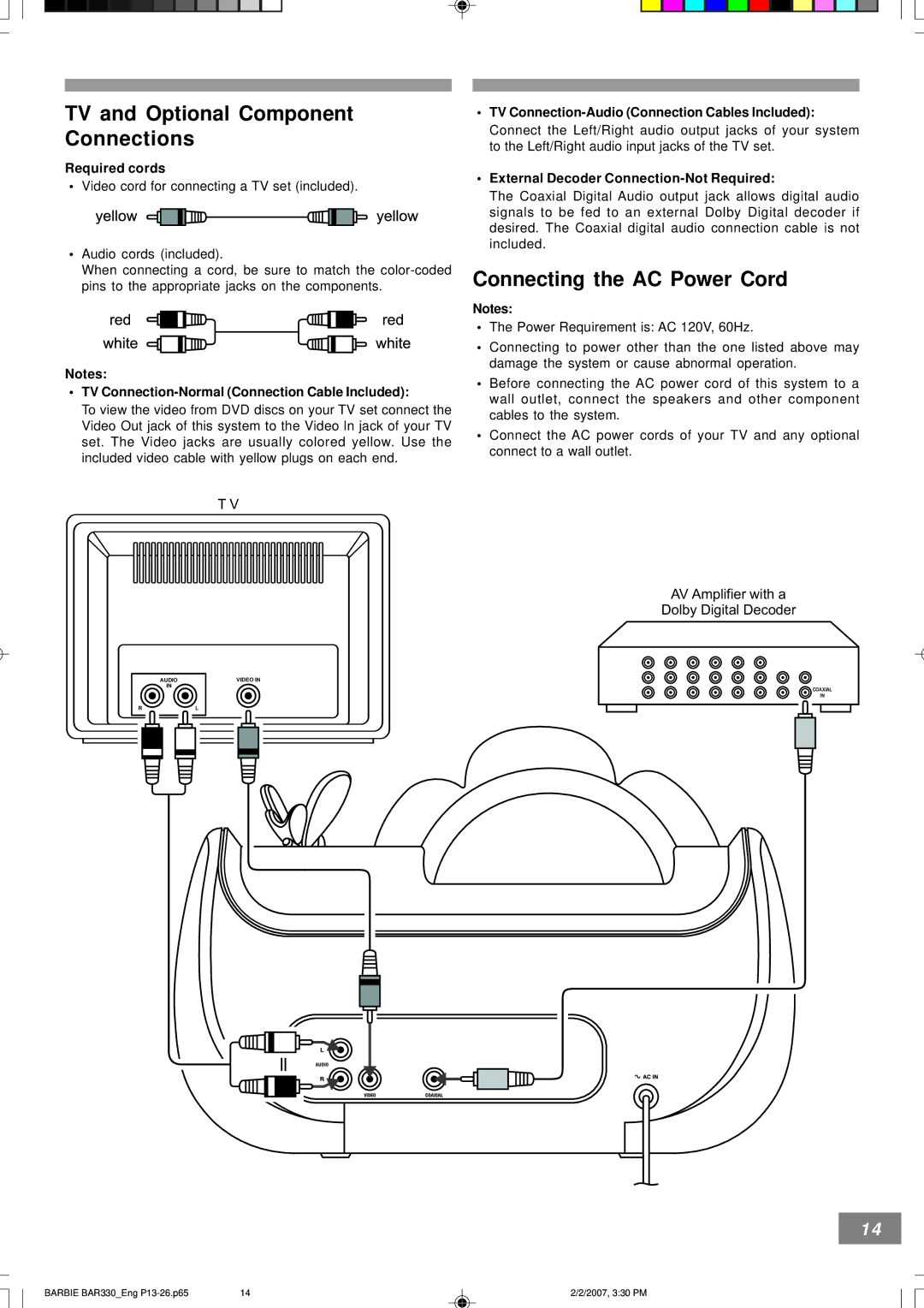 Emerson BAR330 owner manual TV and Optional Component Connections, Connecting the AC Power Cord, Required cords 