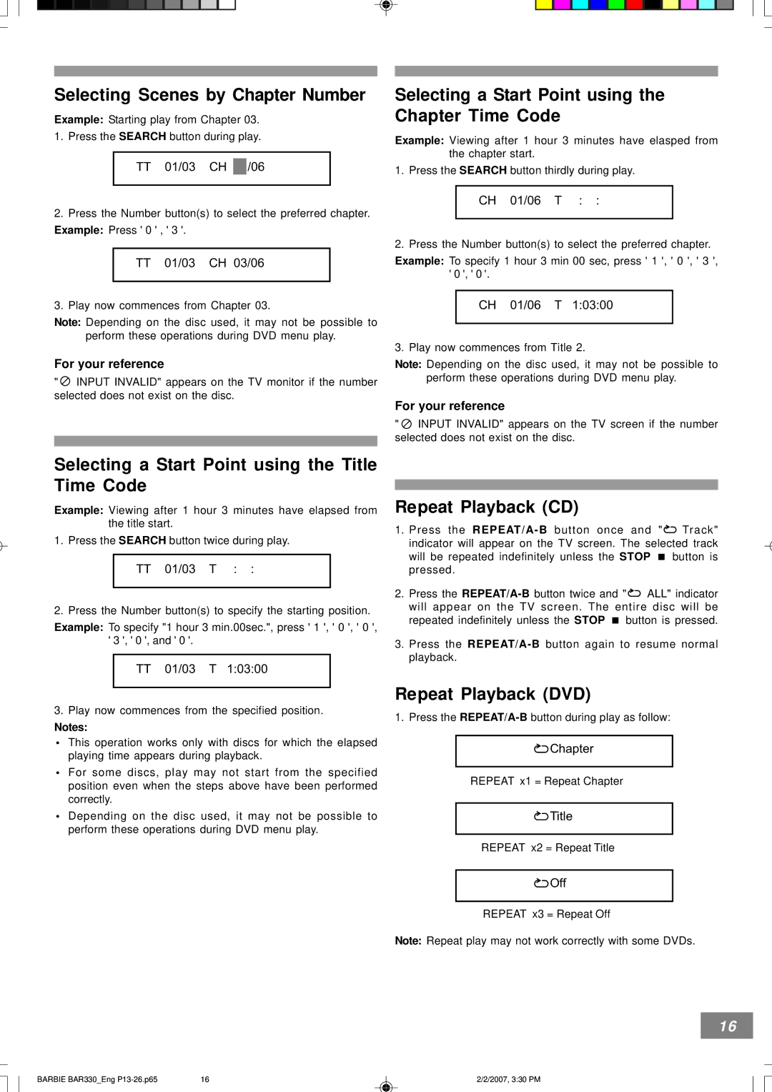 Emerson BAR330 Selecting Scenes by Chapter Number, Selecting a Start Point using the Title Time Code, Repeat Playback CD 