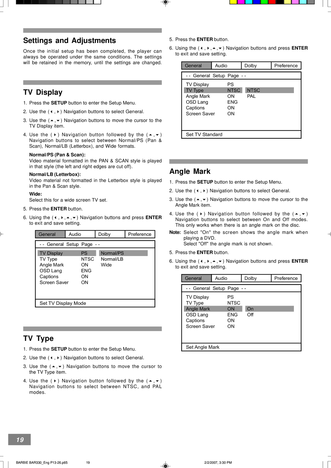 Emerson BAR330 owner manual Settings and Adjustments, TV Display, TV Type, Angle Mark 