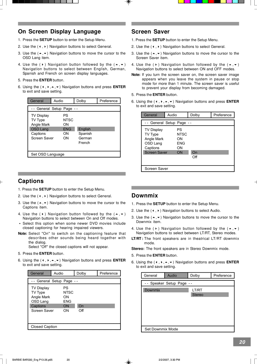 Emerson BAR330 owner manual On Screen Display Language, Screen Saver, Captions, Downmix 