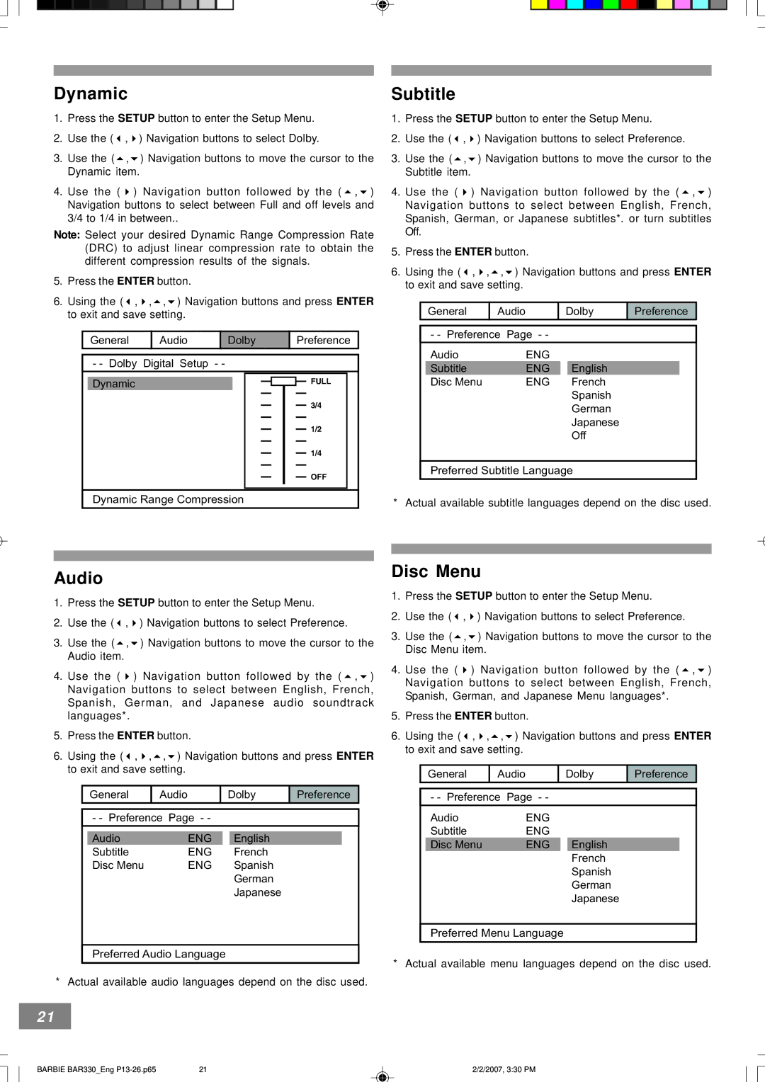 Emerson BAR330 owner manual Dynamic, Subtitle, Audio, Disc Menu 