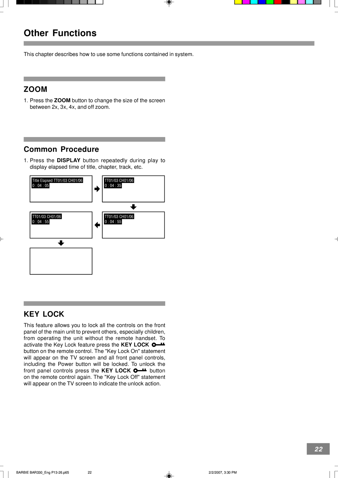 Emerson BAR330 owner manual Zoom, Common Procedure, KEY Lock 