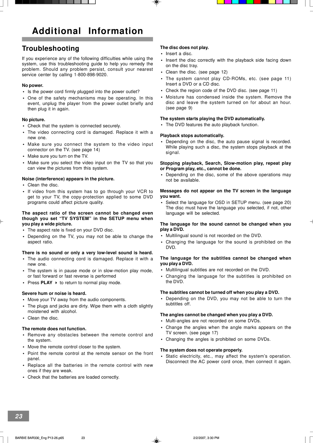 Emerson BAR330 owner manual Troubleshooting 