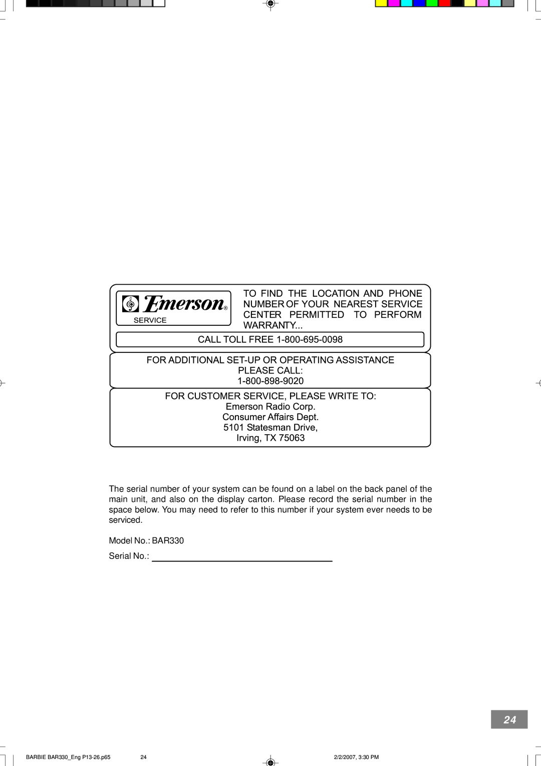 Emerson owner manual Barbie BAR330Eng P13-26.p65 2007, 330 PM 