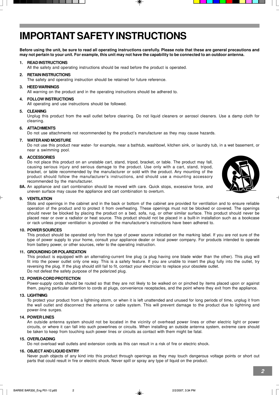 Emerson BAR330 owner manual Important Safety Instructions 