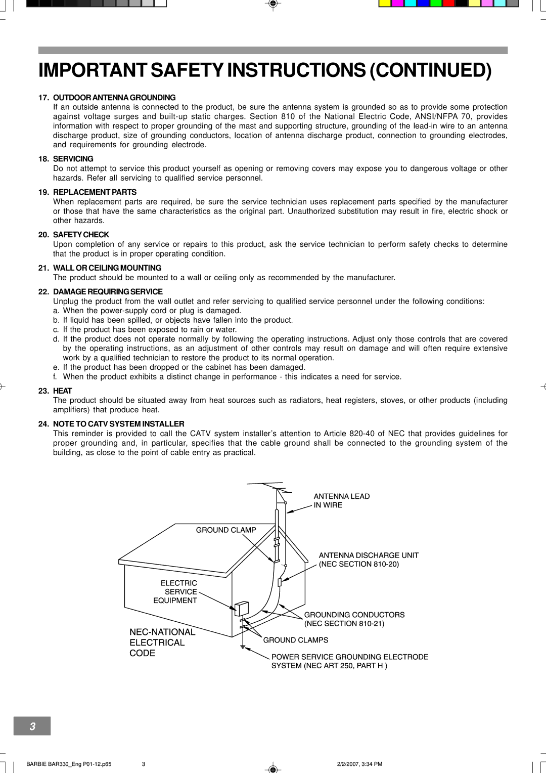 Emerson BAR330 owner manual Outdoor Antenna Grounding, Heat 