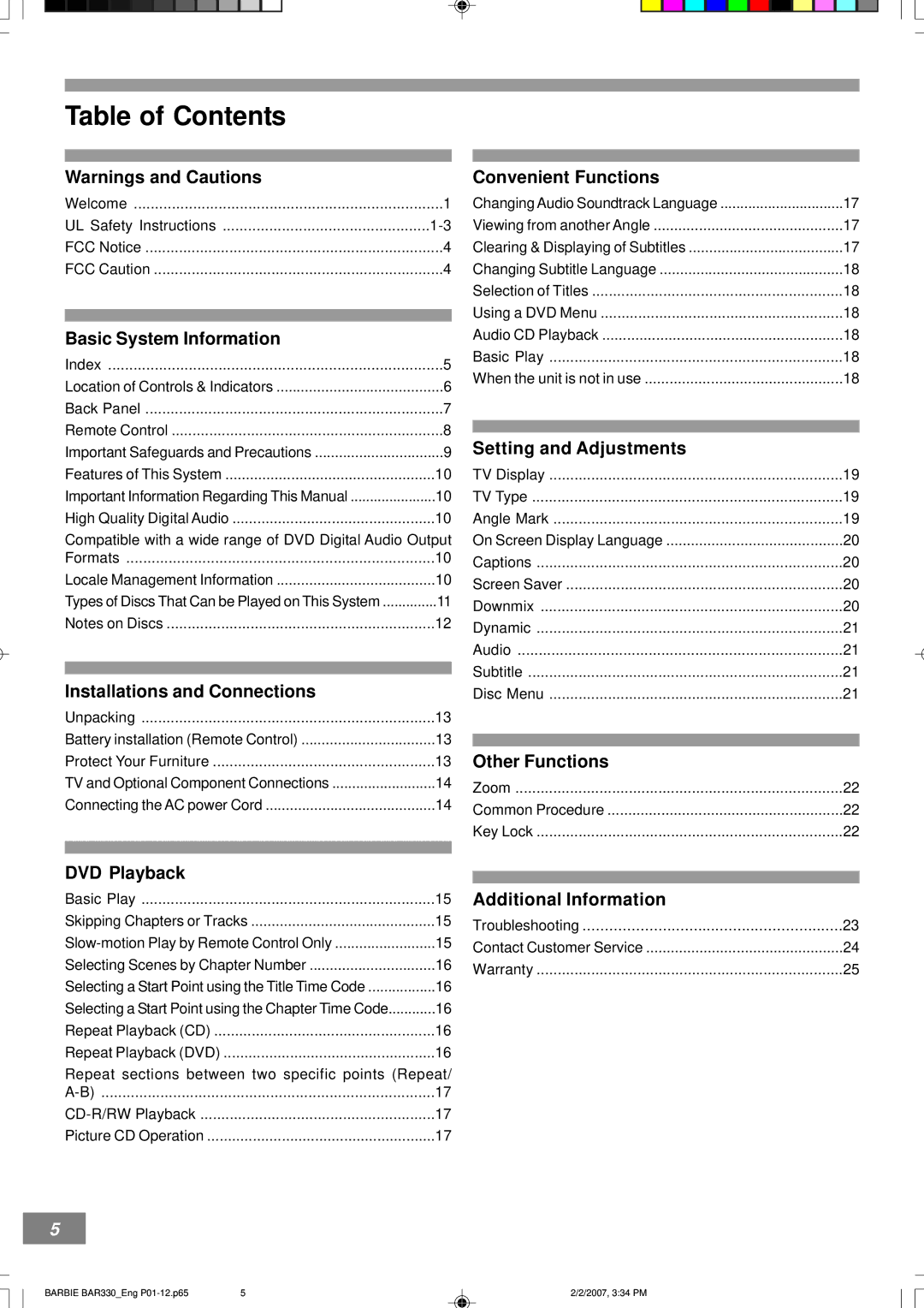 Emerson BAR330 owner manual Table of Contents 