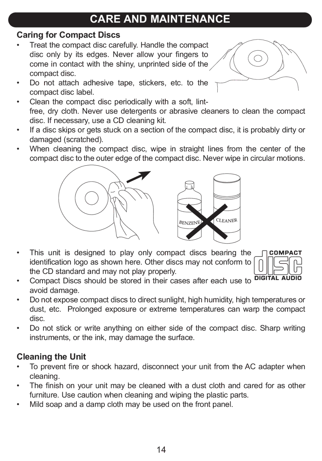 Emerson BAR504 owner manual Caring for Compact Discs 