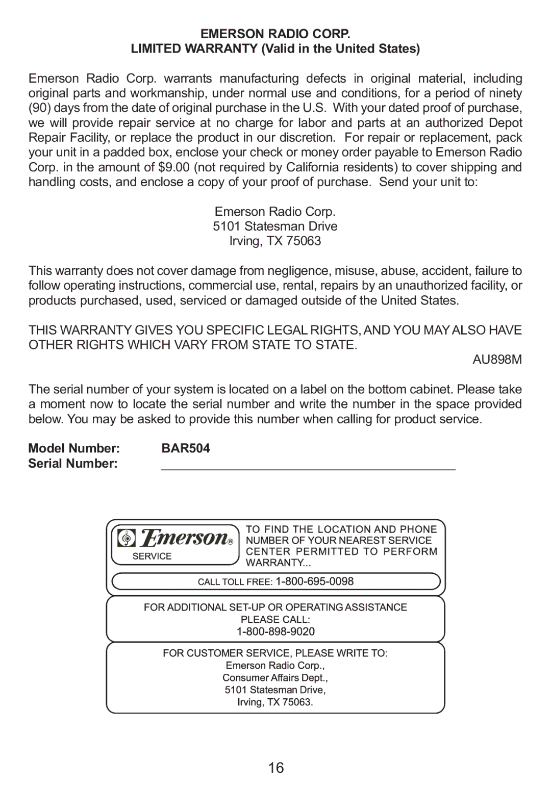 Emerson BAR504 owner manual Emerson Radio Corp 