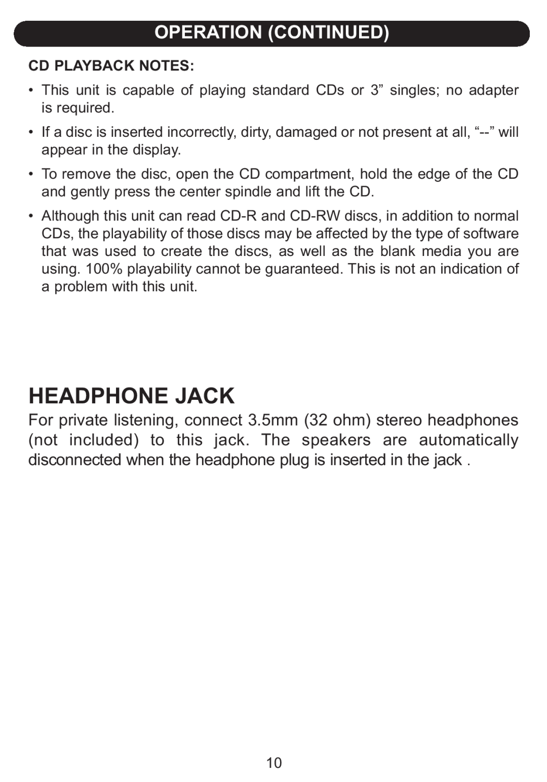 Emerson BAR504 owner manual Headphone Jack, Cd Playback Notes 