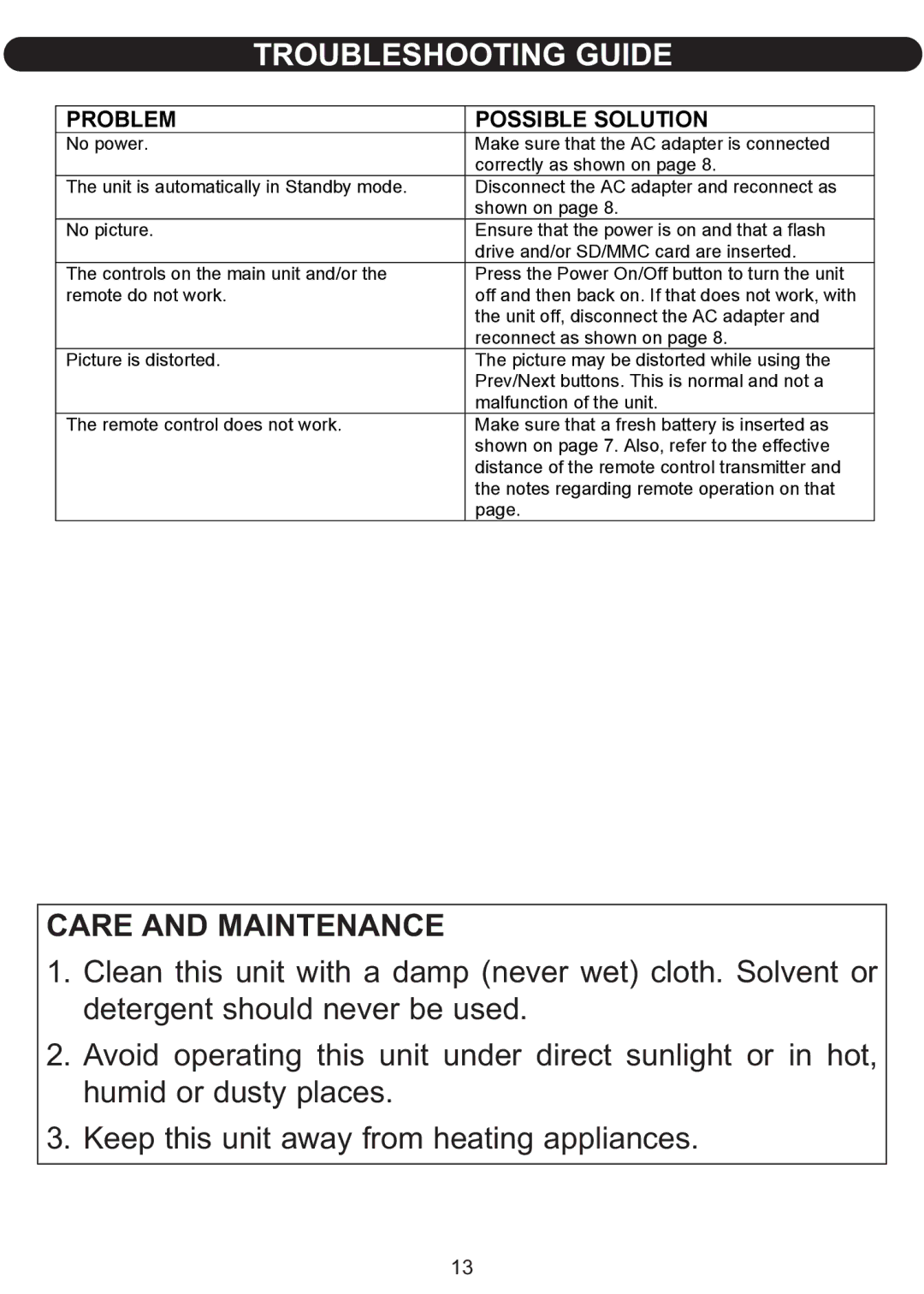 Emerson BAR598 owner manual Care and Maintenance, Problem Possible Solution 