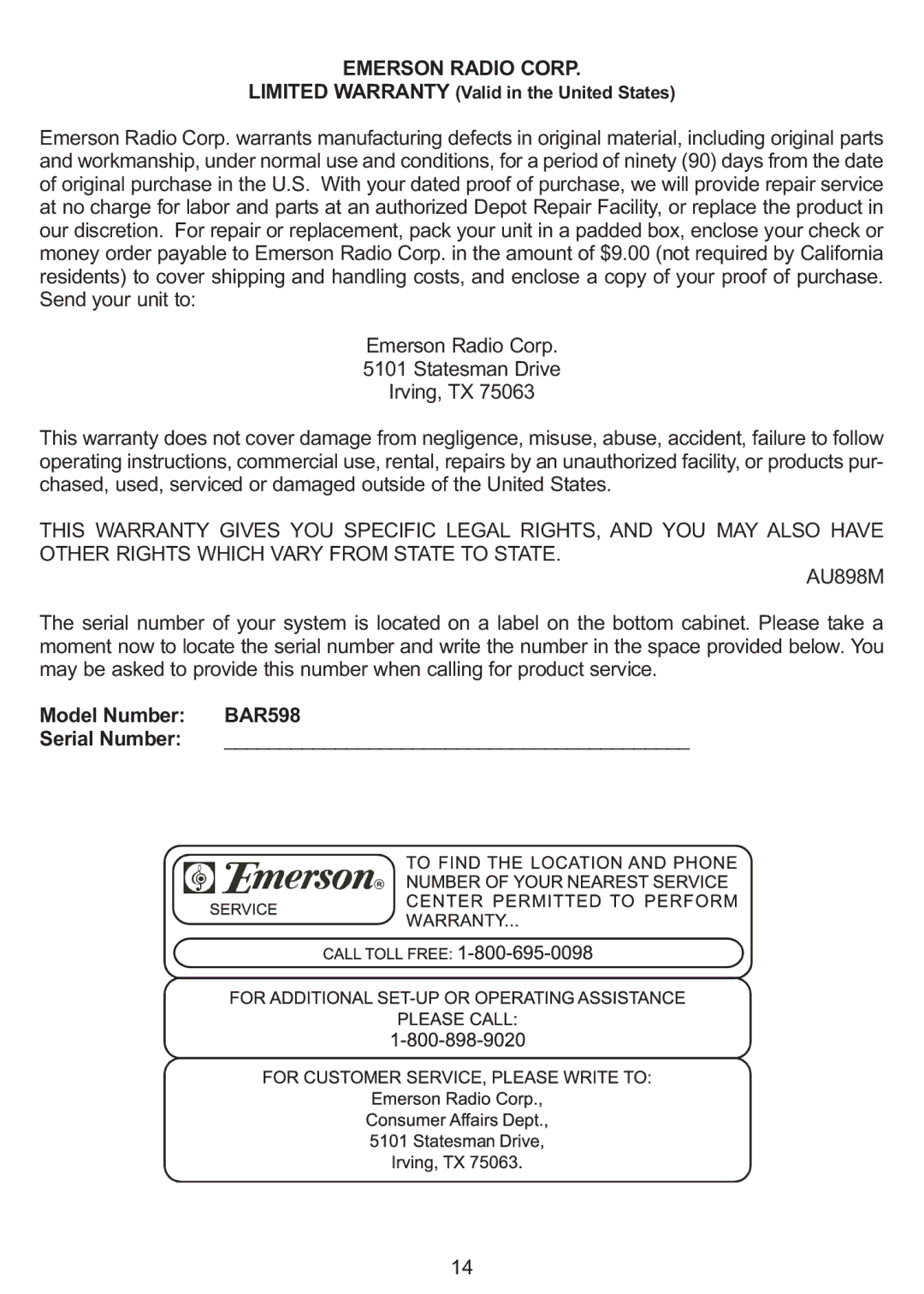 Emerson owner manual Emerson Radio Corp, Model Number BAR598 