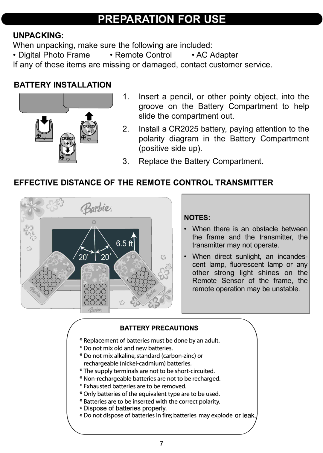 Emerson BAR598 owner manual Unpacking, Battery Installation, Effective Distance of the Remote Control Transmitter 