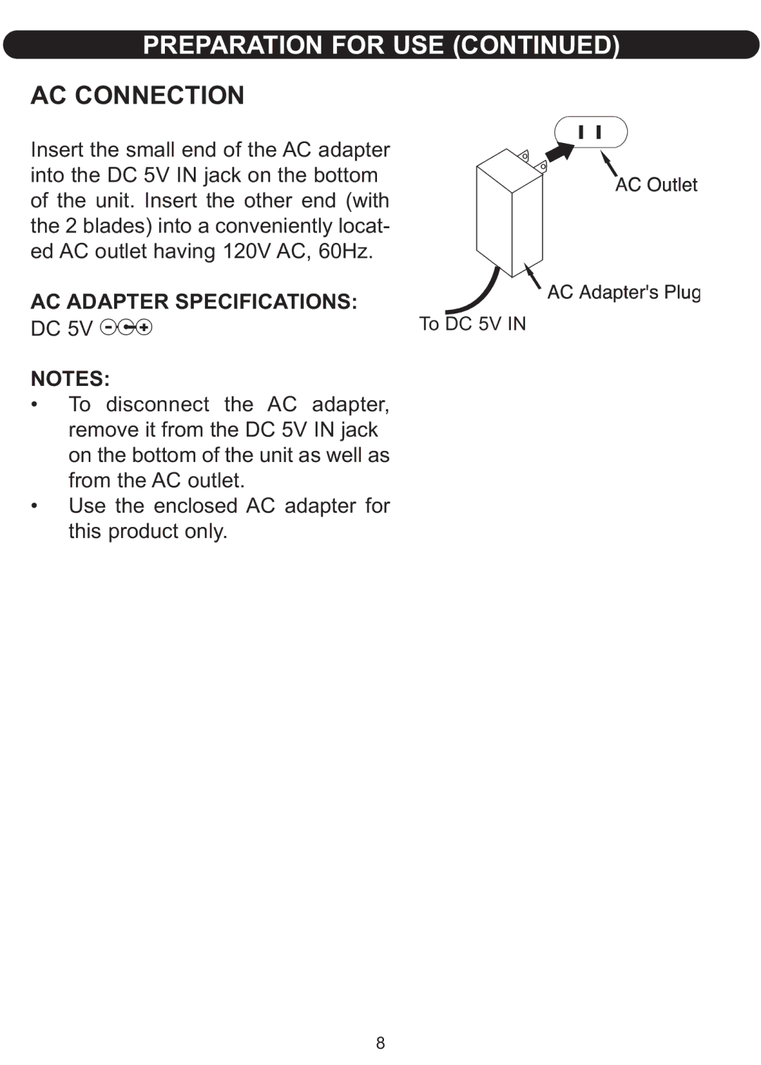 Emerson BAR598 owner manual AC Connection, AC Adapter Specifications 