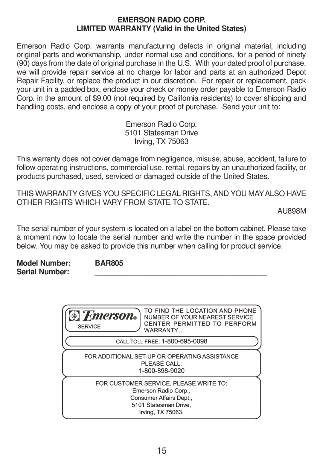 Emerson BAR805 owner manual Emerson Radio Corp 