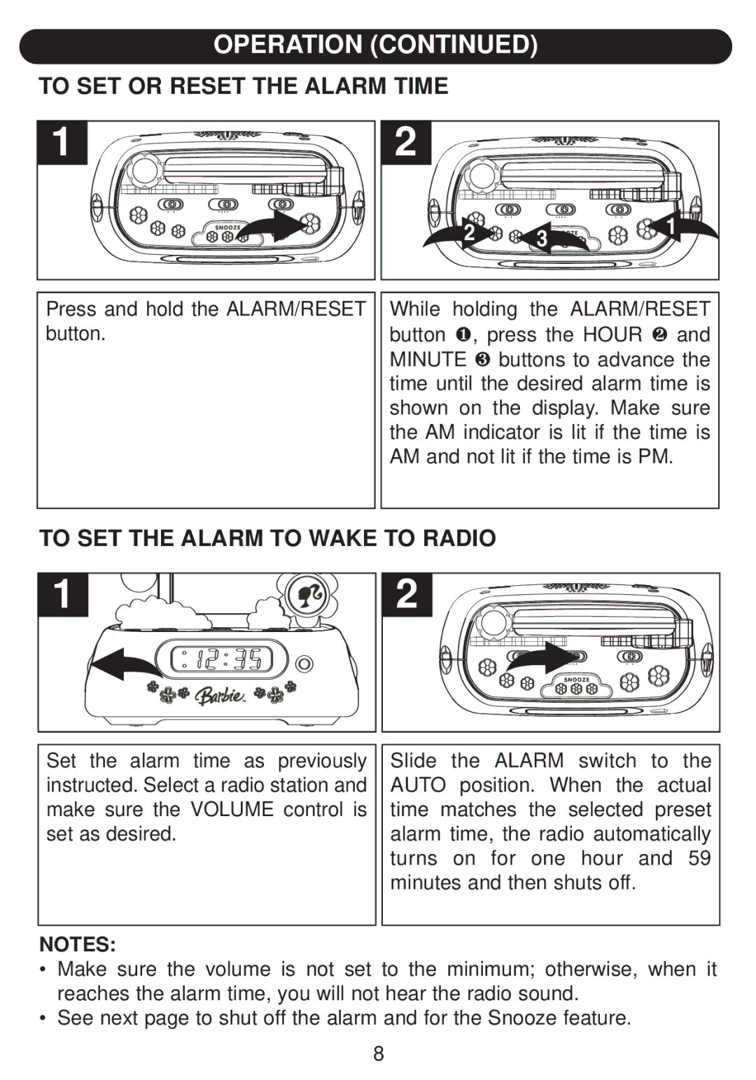 Emerson BAR805 owner manual To SET or Reset the Alarm Time, To SET the Alarm to Wake to Radio 