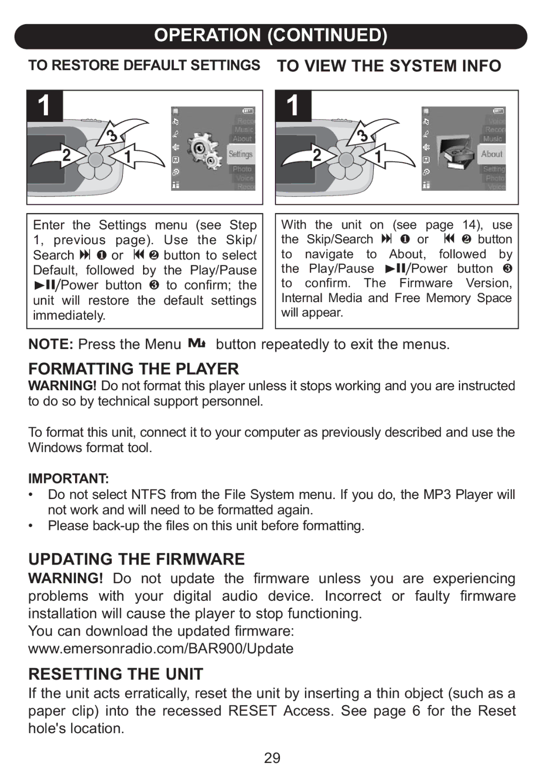 Emerson BAR900 owner manual Formatting the Player, Updating the Firmware, Resetting the Unit 